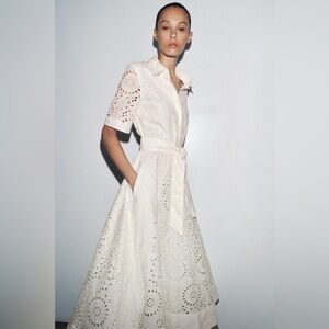 Zara Eyelet Embroidered White Midi Shirt Dress Belt Bridal Graduation NWT XS